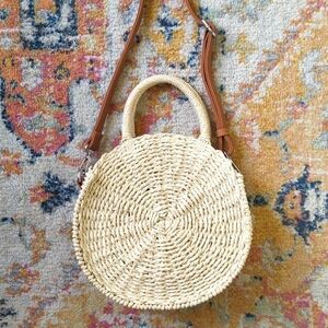 MMS Classic Summer & Beach Round Woven Straw Crossbody Bag Cream Brown